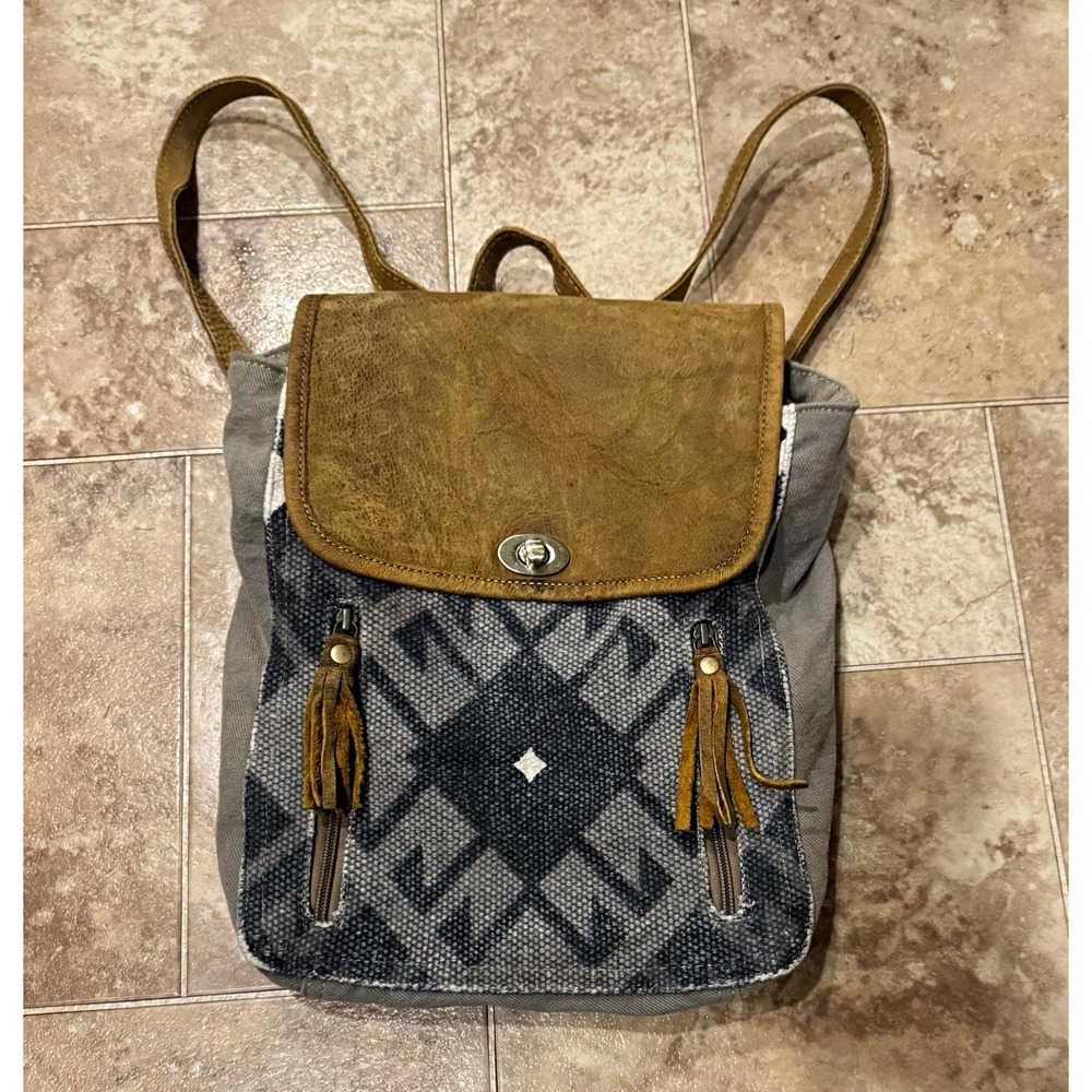Myra Bag Women's Gray/Brown Geometric Tassel Backpack Zip Turn Lock Pockets